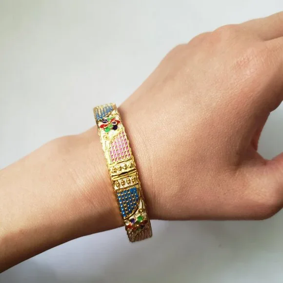 VTG Colourful Floral Gold Toned Bangle Bracelet - Picture 6 of 8